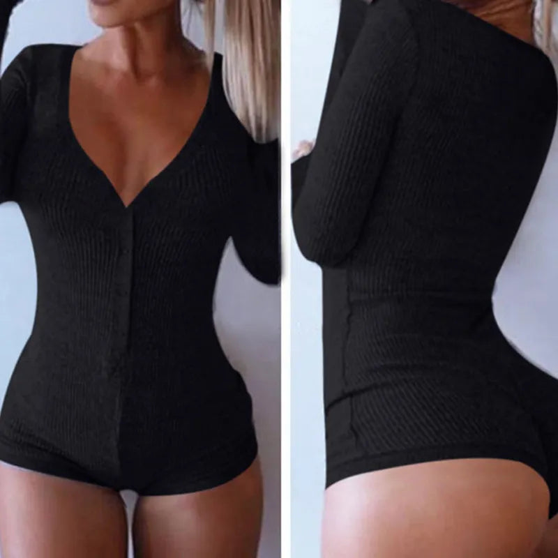 Henley Cut Ribbed Cotton Button V-Neck Bodycon Long Sleeve Bodysuit