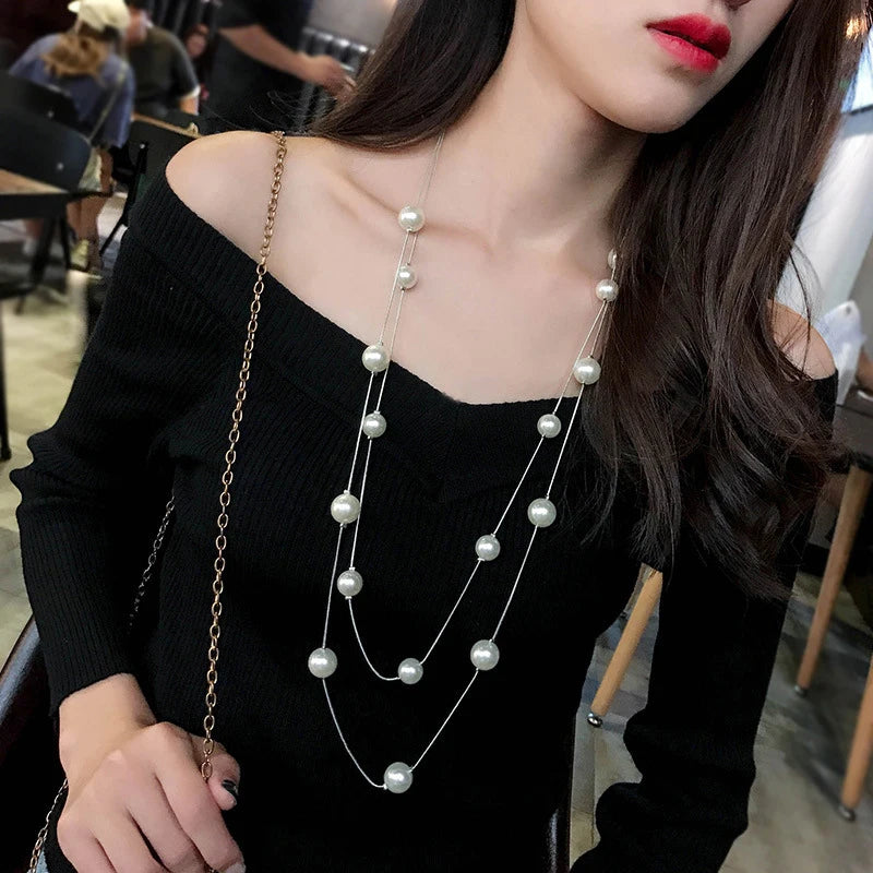 Long Double Layer Simulated Pearl Women's Gold Chain Necklace