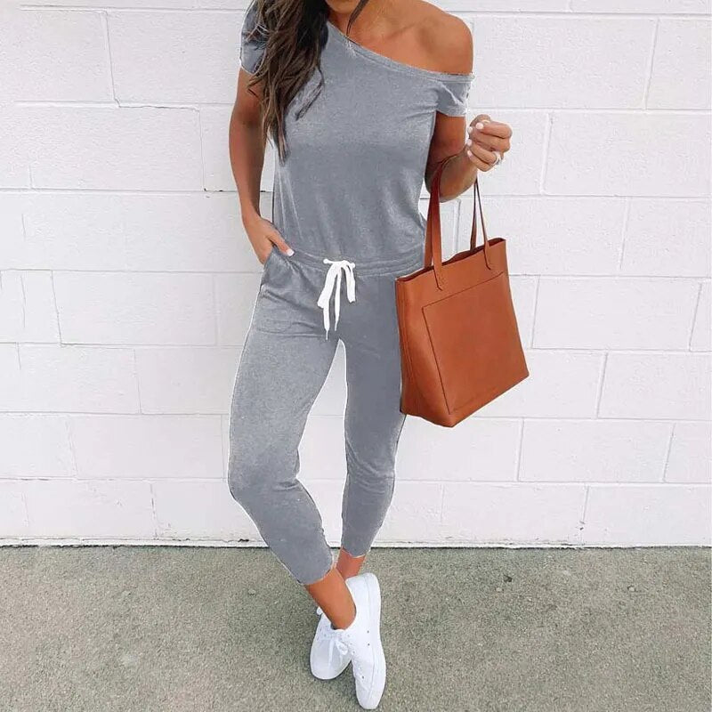 Off Shoulder Short Sleeve Drawstring Waist Jumpsuit