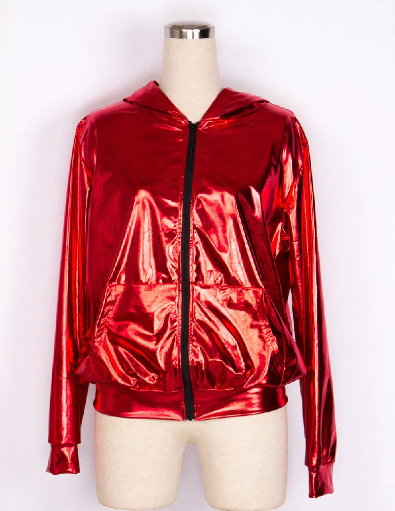 Red Metallic Shiny Hooded Ladies Zipper Jacket