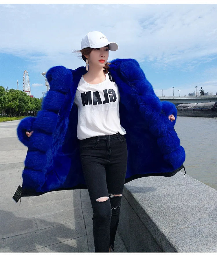Colorblock Real Fur Oversized Collar Hip-Hop Design Women's Hooded Full Pelt Trenchcoat