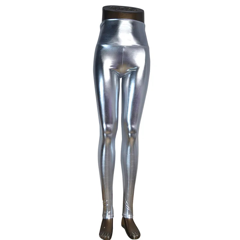 Metallic High Waist Shiny Faux Leather Stretch Leggings