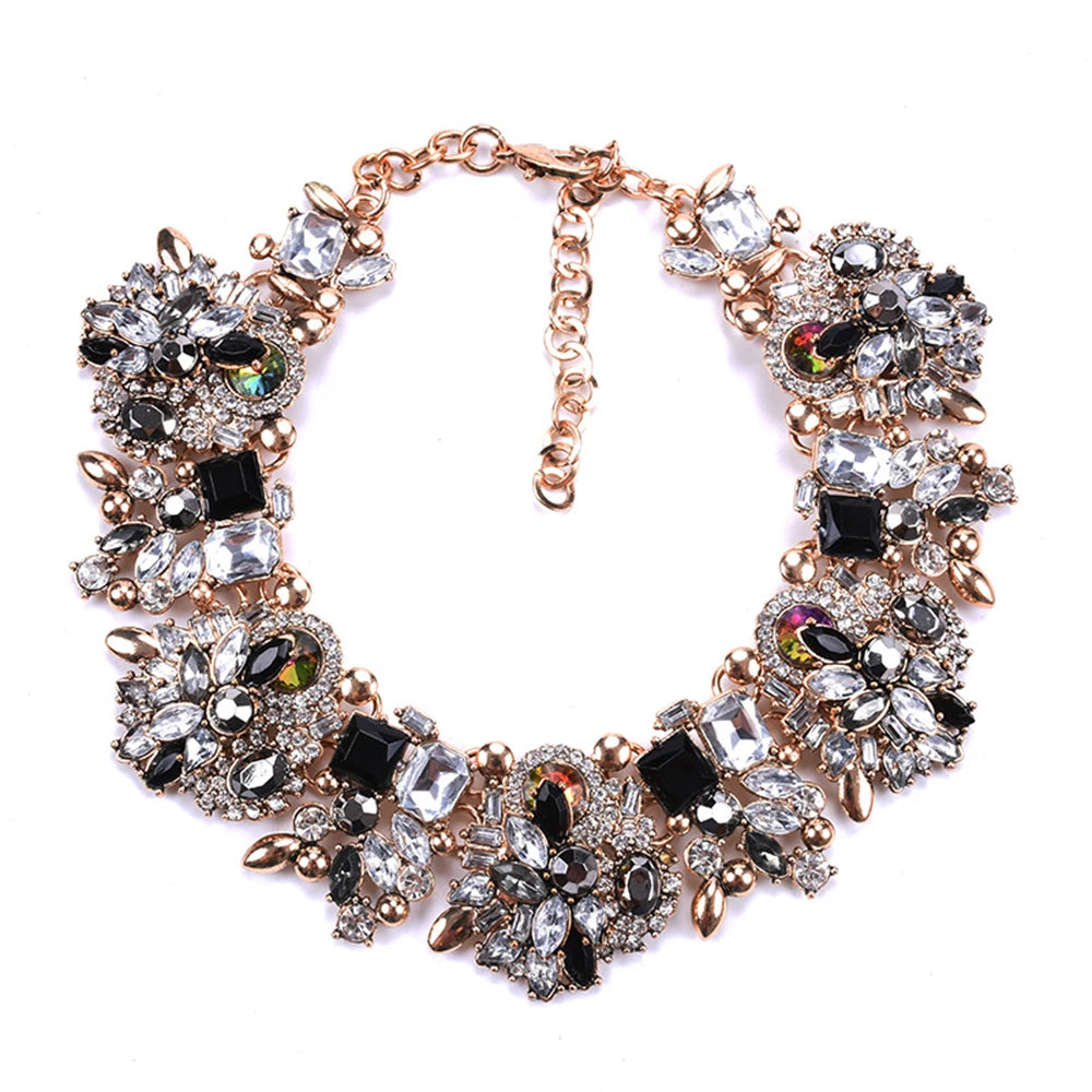 Rhinestone Flower Crystal Statement Bib Collar Choker Necklace