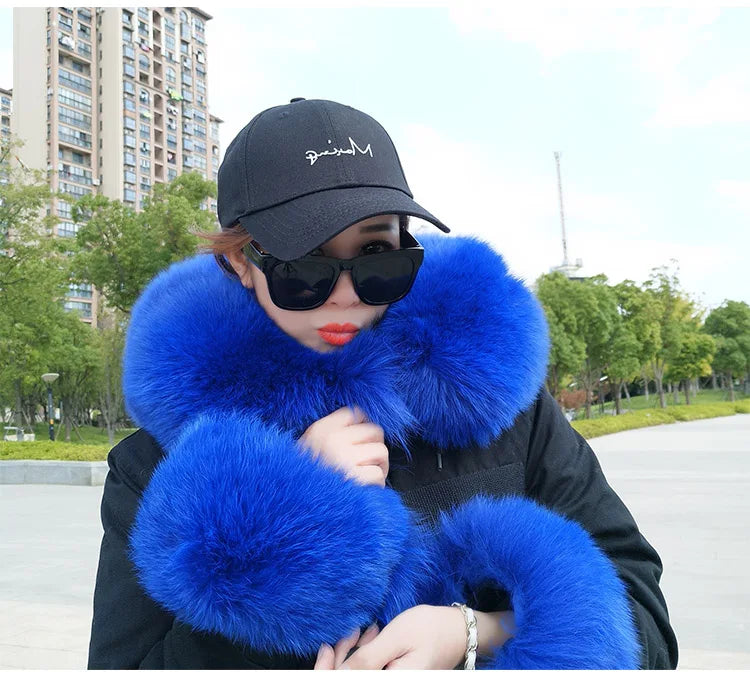 Colorblock Real Fur Oversized Collar Hip-Hop Design Women's Hooded Full Pelt Trenchcoat