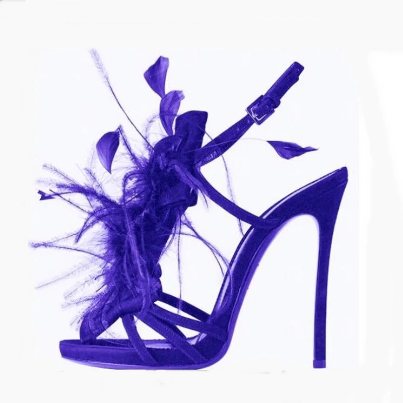 Feather Decor Real Leather Catwalk Stiletto Heel Open Toe Sandal Pumps