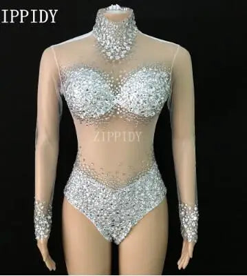 Embellished Rhinestone Mesh Transparent Bustier Bodysuit