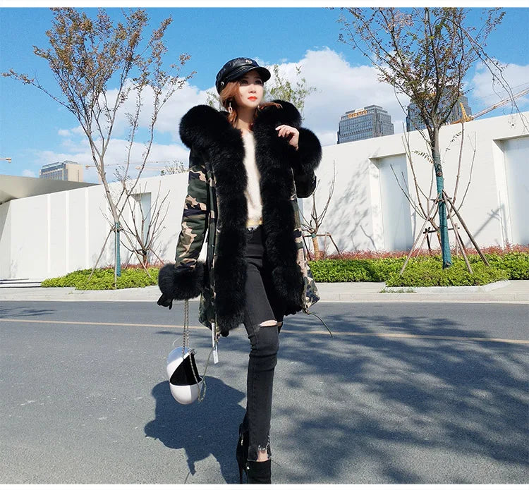 Colorblock Real Fur Oversized Collar Hip-Hop Design Women's Hooded Full Pelt Trenchcoat