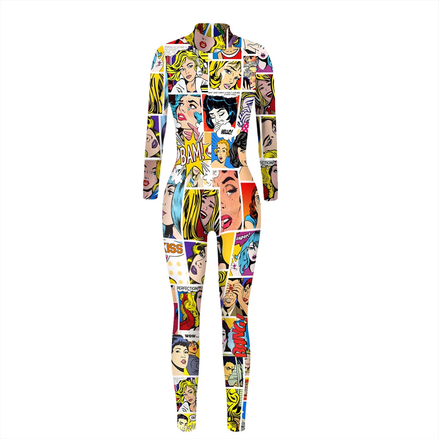 Multi-Colored 3D Graphic Printed Long Sleeve Women's Skin Tight Jumpsuit