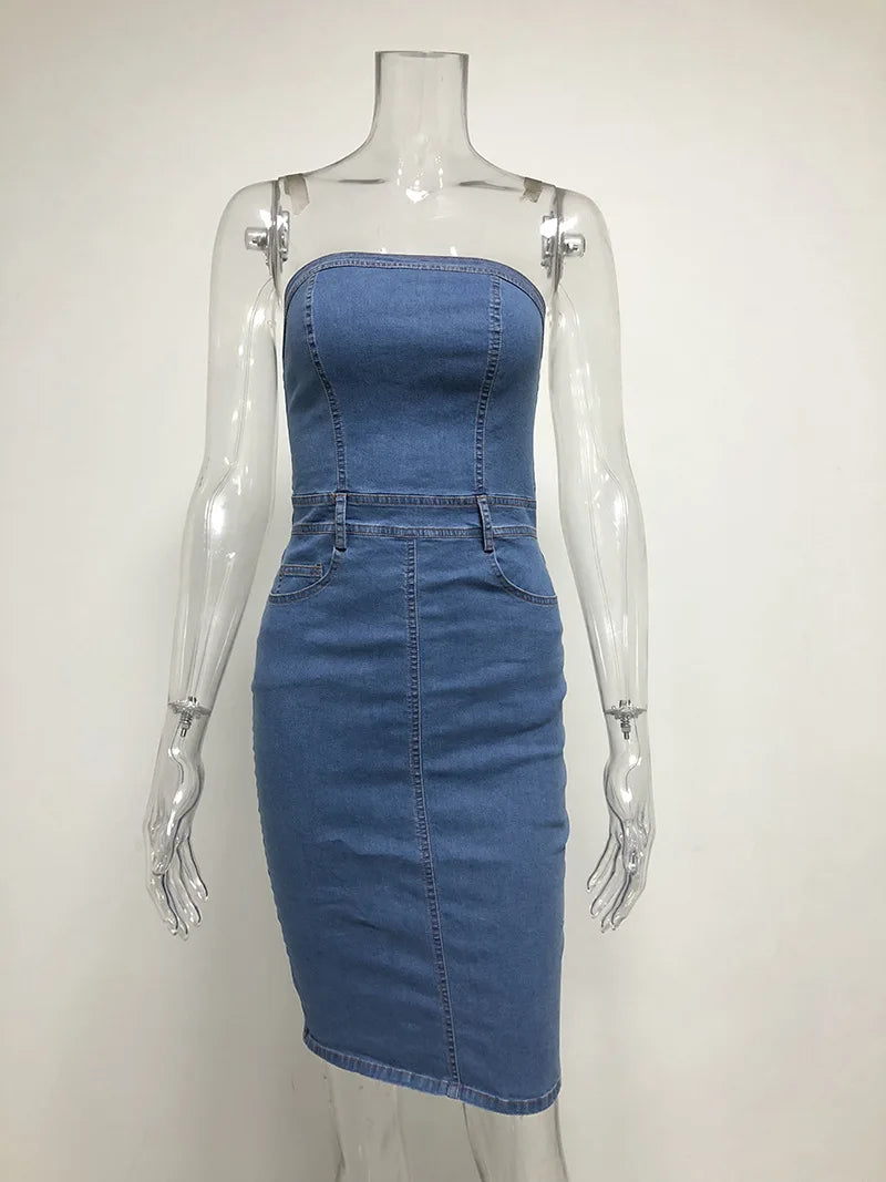 Denim Blue Slash Neck Strapless Bodycon Sleeveless Zipper Back Mini Tube Jean Dress