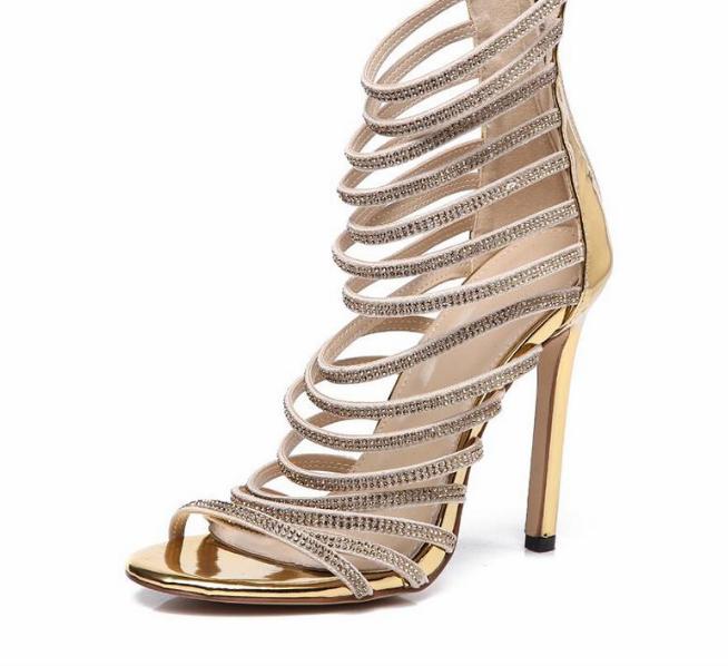 Gold Crystal Thin Strap Gladiator Stiletto Heel Rhinestone Cage Sandals