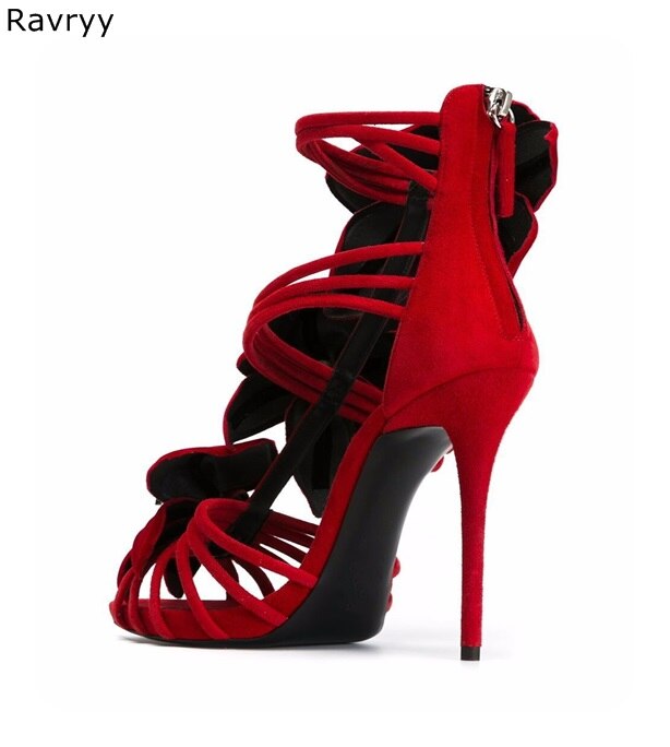 Red Flower Crystal Thin Heel Sandals