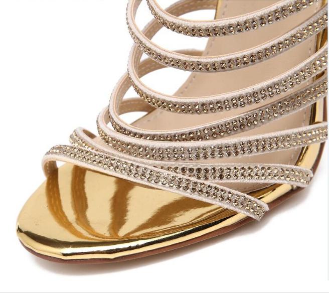 Gold Crystal Thin Strap Gladiator Stiletto Heel Rhinestone Cage Sandals