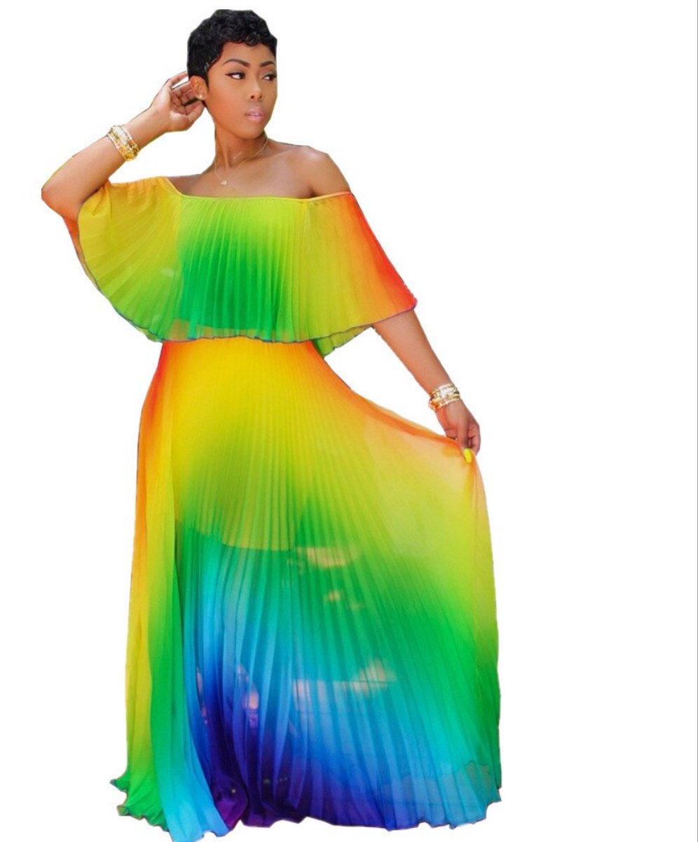 Gradient Pleated African Beach Dress