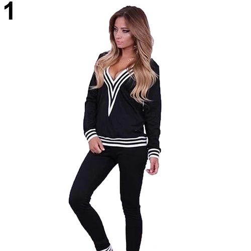 Striped Hem Women's V-Neck Sweatshirt + Sweatpants 2-Piece Set