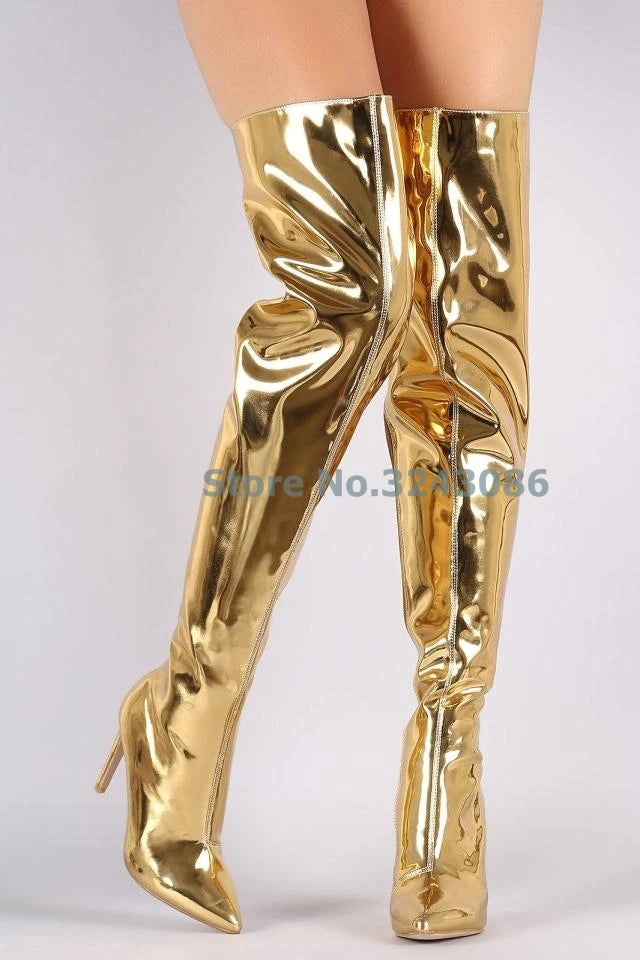 Metallic Luster Designer Solid Pointed Toe Thin High Heel Over-the-Knee Boots