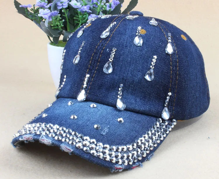 Denim Hip Hop Water Drop Rhinestone Ladies Vintage Jean Baseball Cap