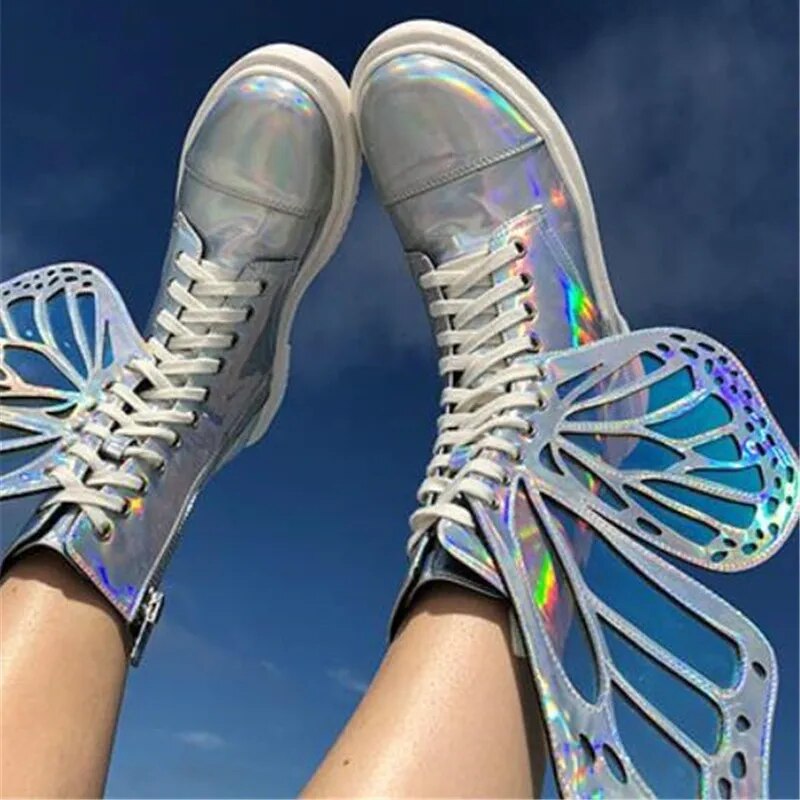 Butterfly Wing Metallic Silver Leather Lace-Up Women's Ankle Boots