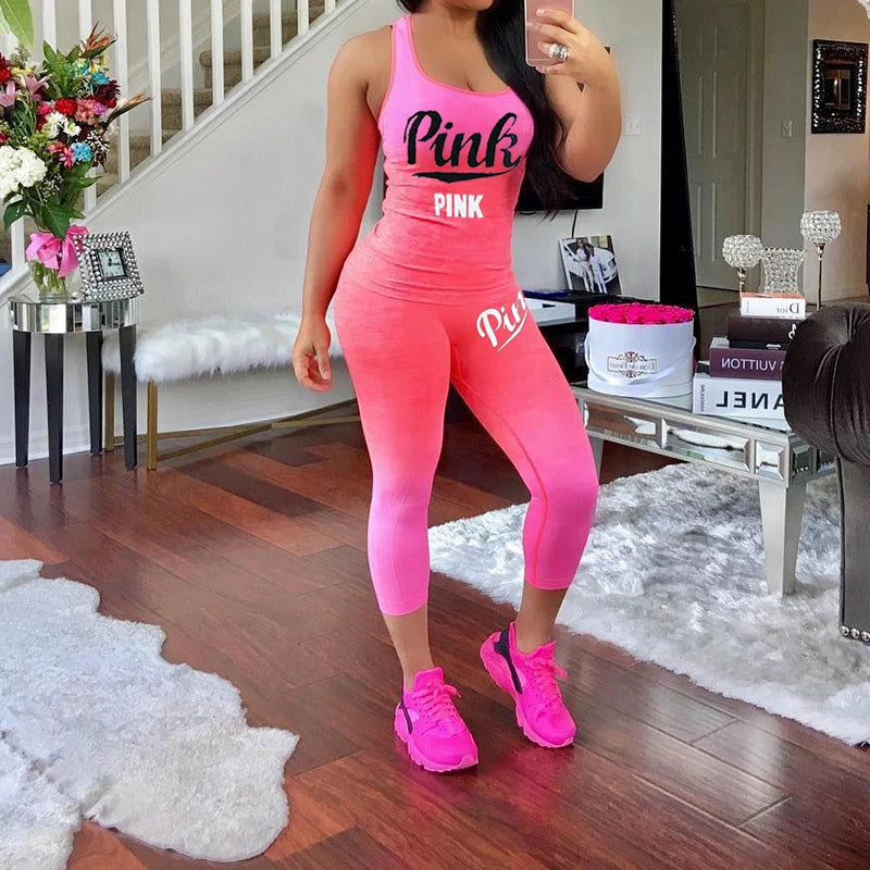 "Pink" Ombre Letter Print Tank Top + Leggings 2-Piece Fitness Set to 3X