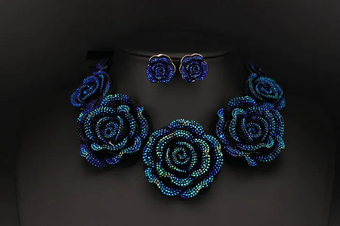 Big Blue Resin Rose Flower Statement Necklace w/ Earrings 2-Piece Jewelry Set