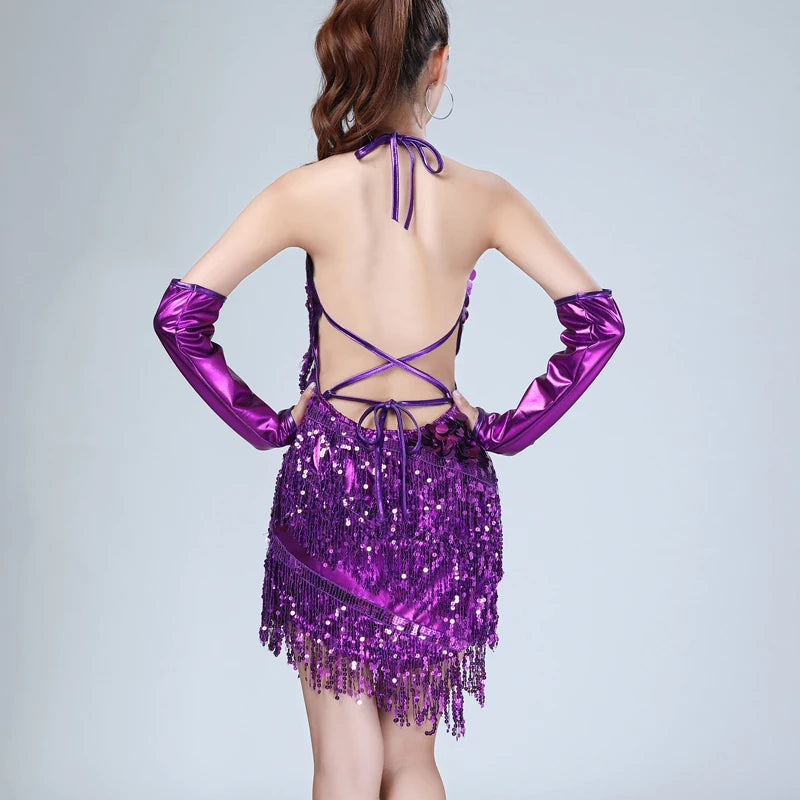 Shiny Sequin Fringe Tassel V-Neck Backless Lace-Up Formal Mini Dancer/Party/Salsa Dress w/ Gloves