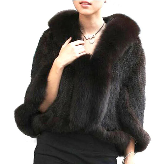 Ladies Bat Sleeve Solid Knitted Fox Fur Shawl Jacket