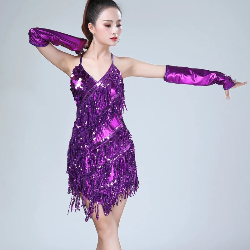 Shiny Sequin Fringe Tassel V-Neck Backless Lace-Up Formal Mini Dancer/Party/Salsa Dress w/ Gloves