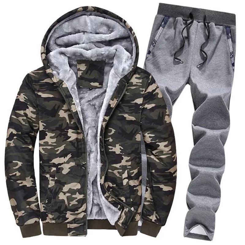 Hooded Velvet Camouflage or Solid Men's Drawstring Tracksuit