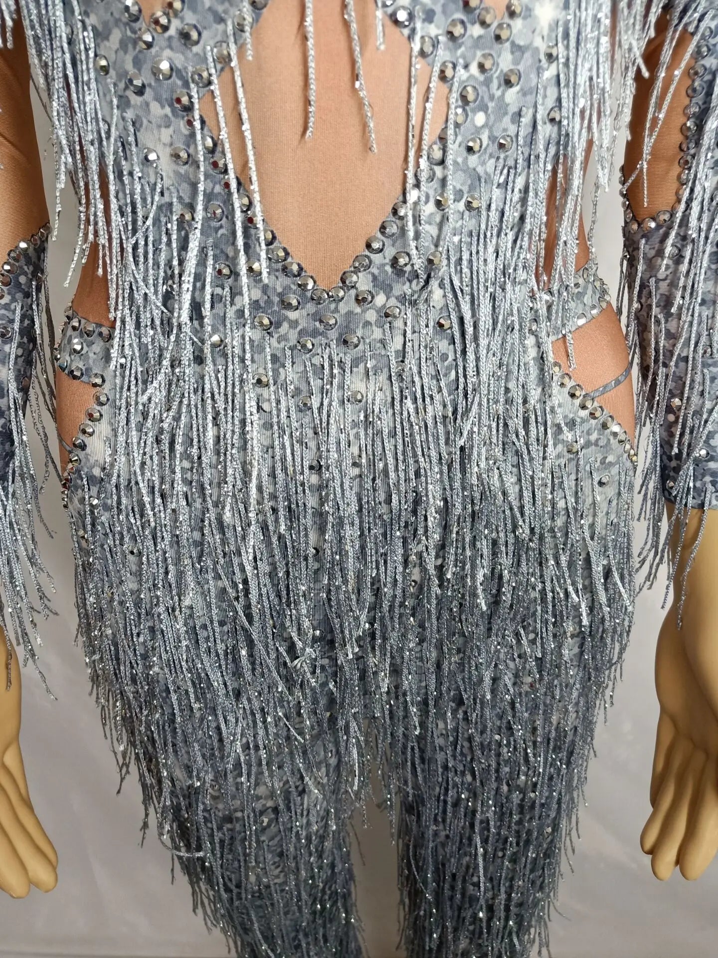 Silver Glitter Crystal Rhinestone Fringe Skinny Stage Wear Performance Costume Jumpsuit