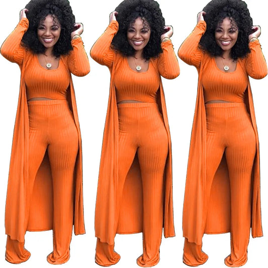 Women's Solid Knitted Long Sleeve Maxi Cardigan, Loose Wide Leg Pants + Crop Top 3-Piece Set