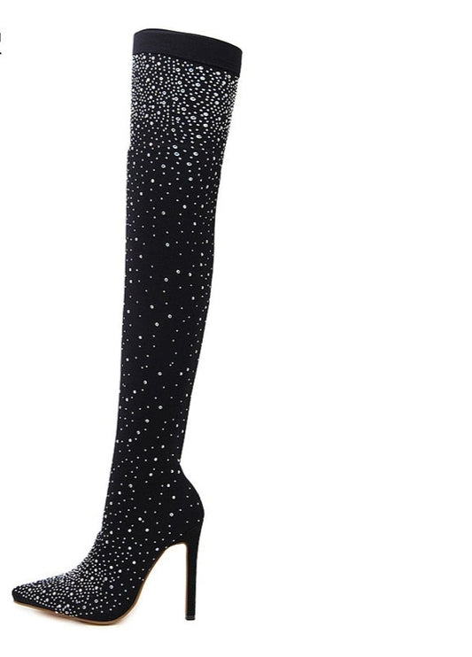 Crystal Rhinestone Embellished Women's Pointed Toe Over-the-Knee Thigh High Stretch Sock Boots