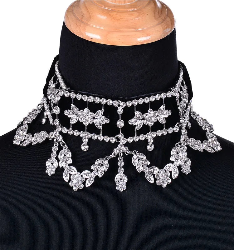 Rhinestone Crystal Black/Silver Flower Ribbon Collar Link Chain Choker Necklace