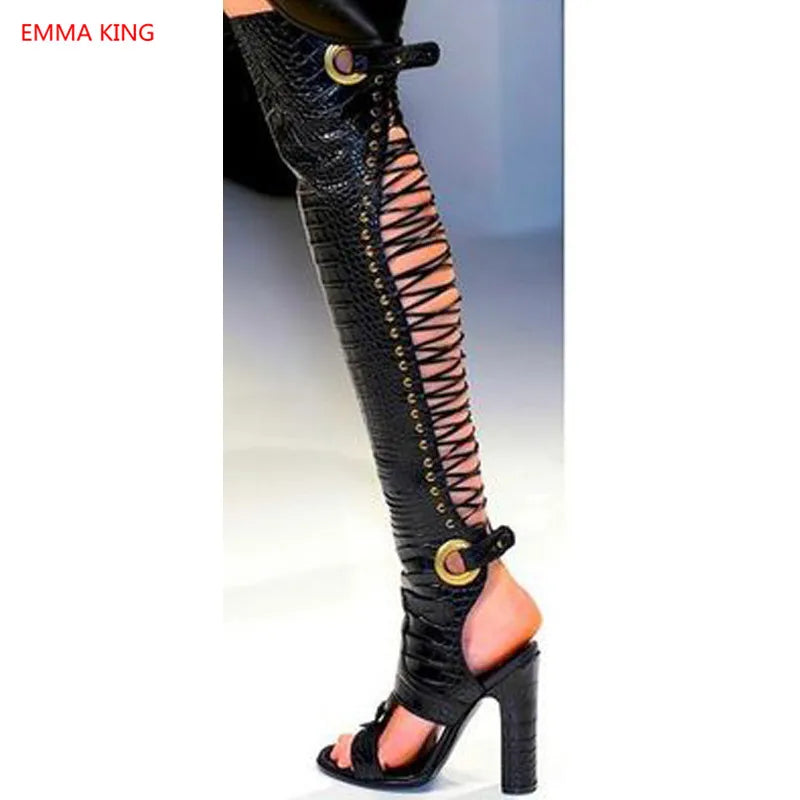 Crocodile Pattern Open Toe Lace-Up Back Cut-Out Gladiator  Over-The-Knee Sandal Boots