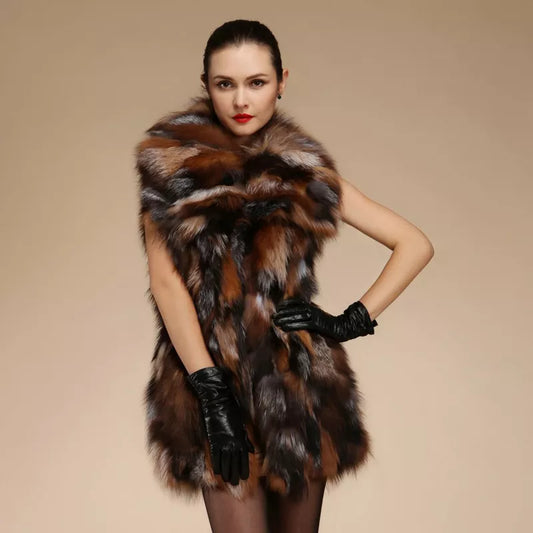 Geometric Genuine Fox Fur Women's Gilet Vest w/ Collar