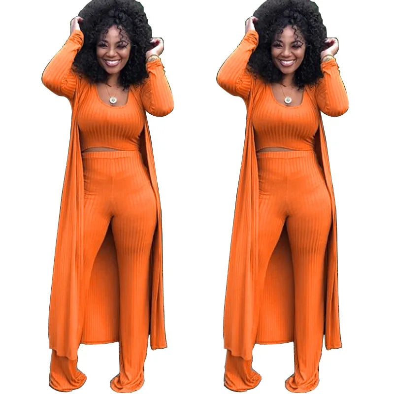 Women's Solid Knitted Long Sleeve Maxi Cardigan, Loose Wide Leg Pants + Crop Top 3-Piece Set