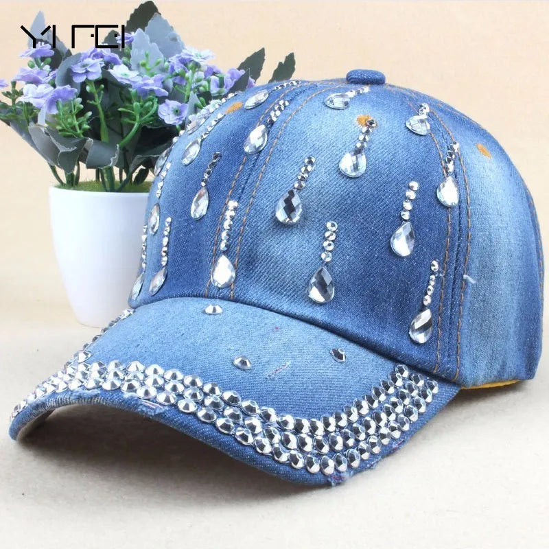 Denim Hip Hop Water Drop Rhinestone Ladies Vintage Jean Baseball Cap