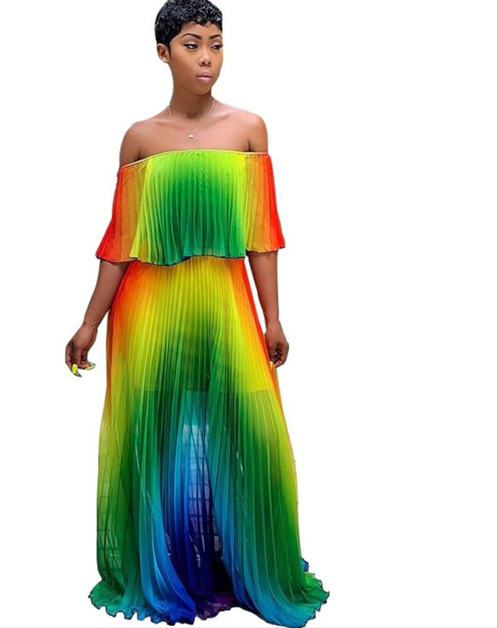 Gradient Pleated African Beach Dress