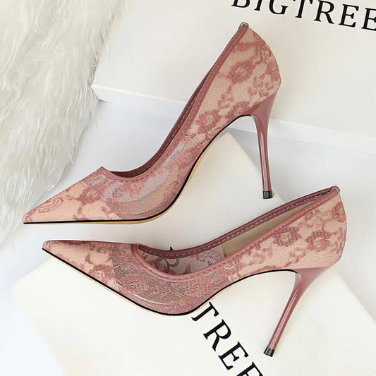 Lace Embroidered Pointed Toe Solid Color High Stiletto Heel Pumps