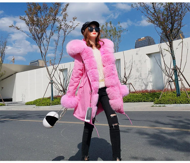 Colorblock Real Fur Oversized Collar Hip-Hop Design Women's Hooded Full Pelt Trenchcoat