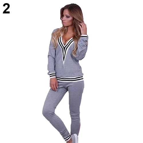 Striped Hem Women's V-Neck Sweatshirt + Sweatpants 2-Piece Set