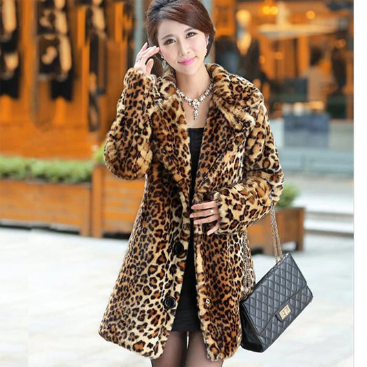 Leopard Faux Fur Turn-Down Collar Women's Coat