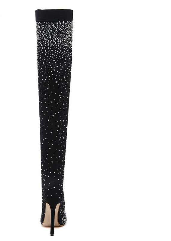 Crystal Stretch Pointed Toe Over-the-Knee Thigh High Sock Boots