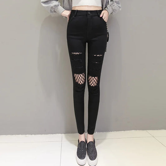 Fishnet Black Hollow-Out Ripped Hole Cut-Out Women's Jeans