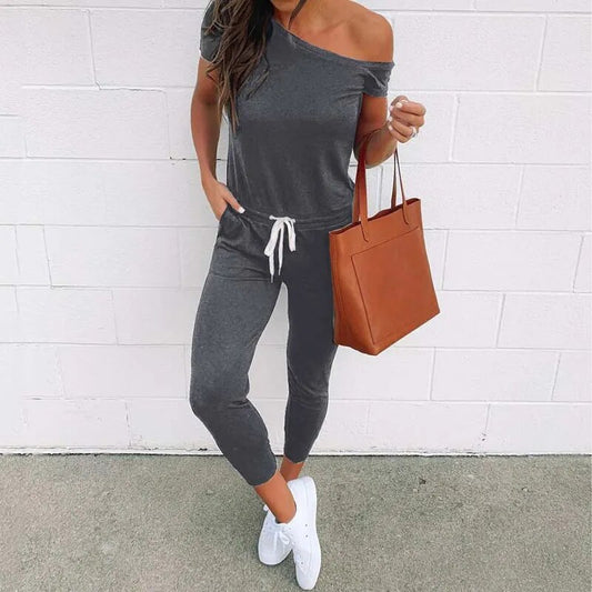 Off Shoulder Short Sleeve Drawstring Waist Jumpsuit