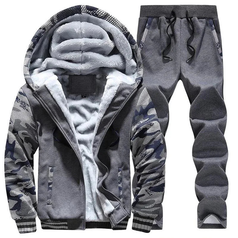 Hooded Velvet Camouflage or Solid Men's Drawstring Tracksuit