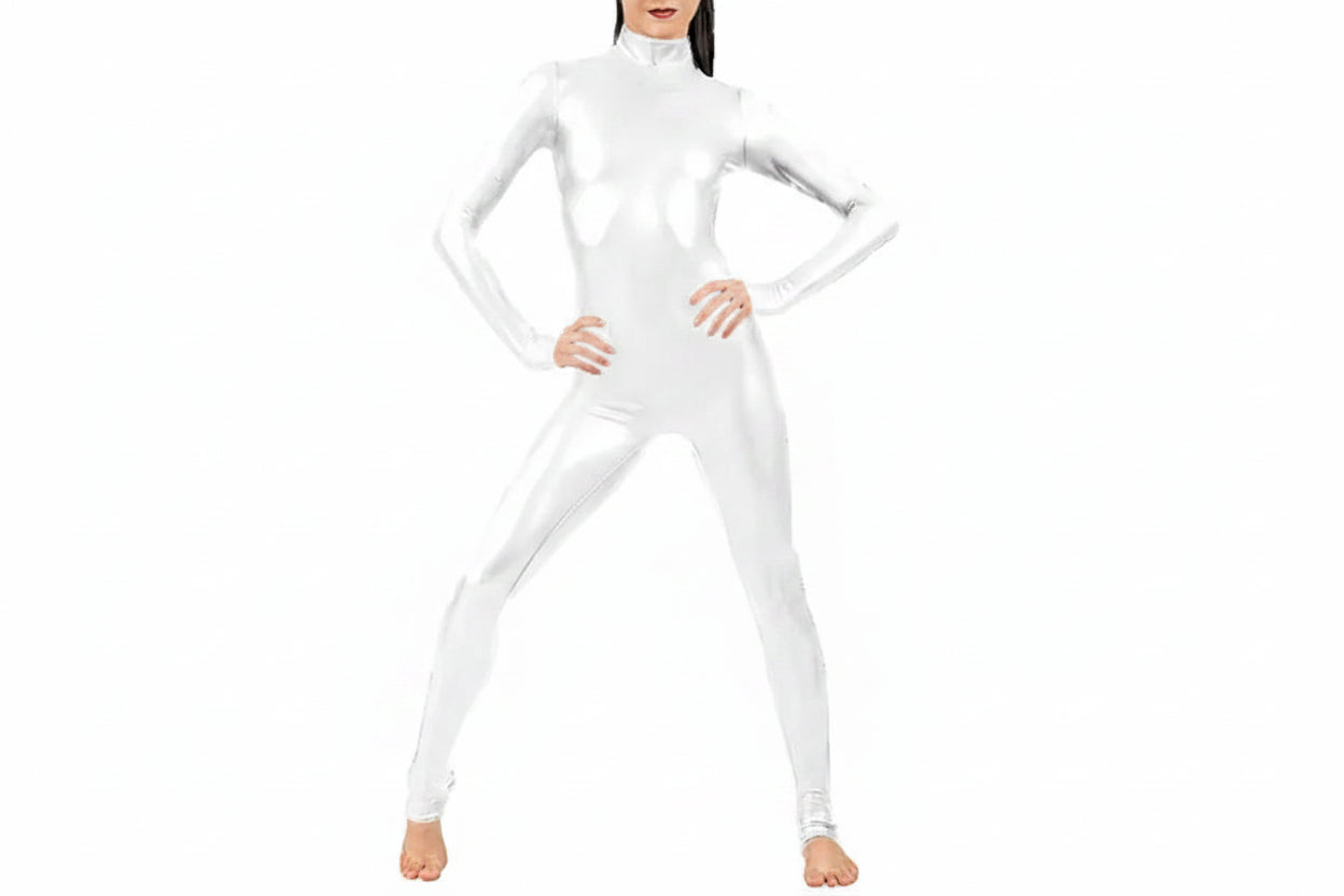 Turtleneck Faux Leather Long Sleeve Zipper Back Bodycon Skin Tight Unitard Jumpsuit-12 Colors!