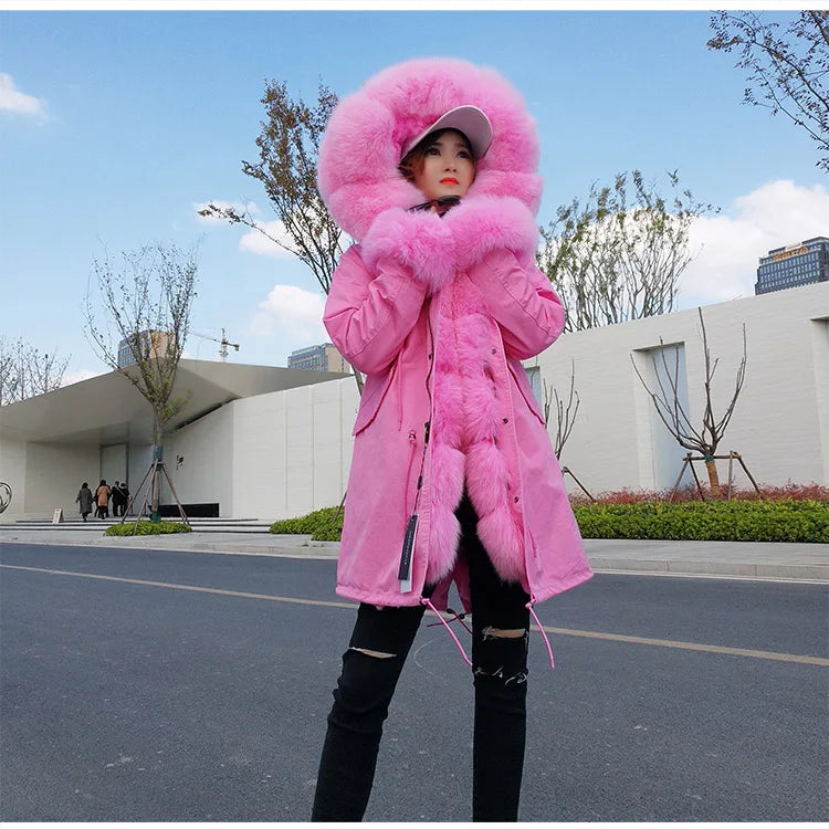 Colorblock Real Fur Oversized Collar Hip-Hop Design Women's Hooded Full Pelt Trenchcoat