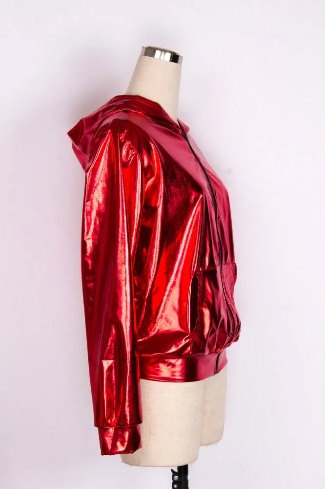 Red Metallic Shiny Hooded Ladies Zipper Jacket