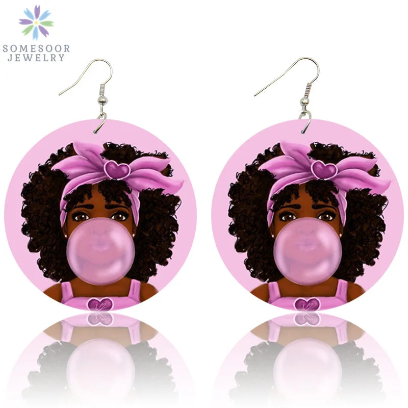 Pink Black Afro Woman Bubble Gum Print Wood Drop Earrings