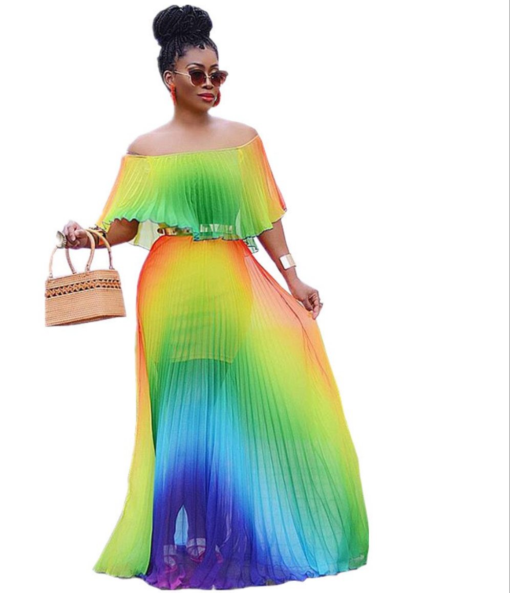 Gradient Pleated African Beach Dress