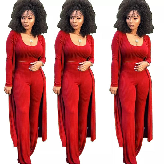 Women's Solid Knitted Long Sleeve Maxi Cardigan, Loose Wide Leg Pants + Crop Top 3-Piece Set